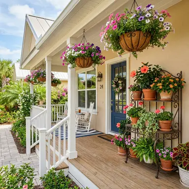 Hanging baskets and tiered plant stands creating a lush, layered porch garden