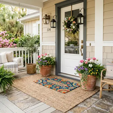 Layered outdoor rugs and terracotta planters creating a warm, inviting porch entrance