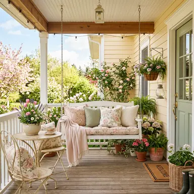 A porch swing with spring cushions and textured throw blanket in warm spring daylight